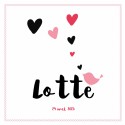 Geboortekaartje roze hartjes en lief vogeltje Lotte voor