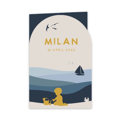 boog milan geboortekaartje jongen zee strand zomer silhouette boot originele vorm 01