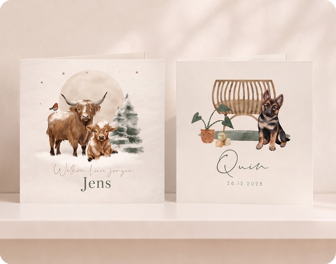 Dierenpret geboortekaartjes met huisdieren, bosdieren of jungledieren