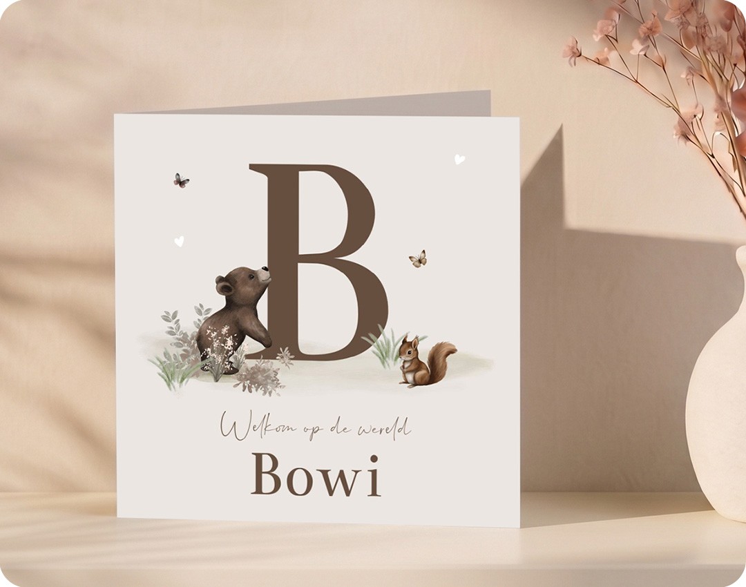 Letterliefde geboortekaartjes met initiaal en dieren