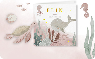 Geboortekaartjes dieren voor een meisje, leeuw, olifant, giraf, bosdieren, jungle