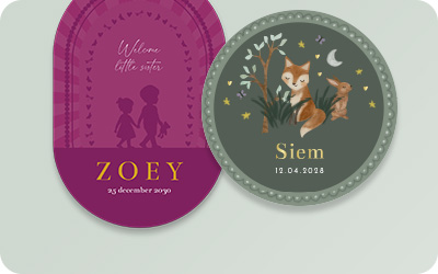 Geboortekaartjes met veel kleur en vormen, silhouetten, dieren, jongen, meisje