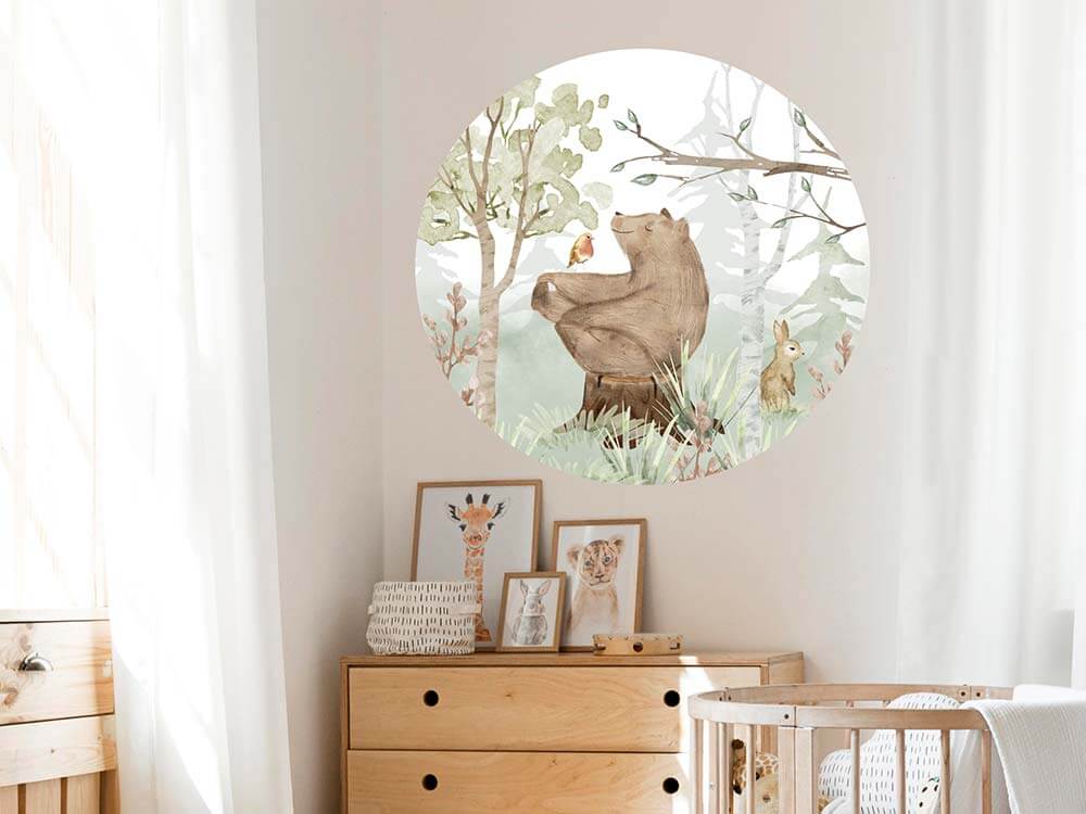 Behangcirkel muursticker babykamer kinderkamer decoratie deco jongen meisje neutraal bosdieren beer